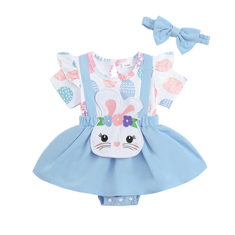 Girl's Easter Bunny, Easter Egg Ruffled Romper Dresses & Headband Sets