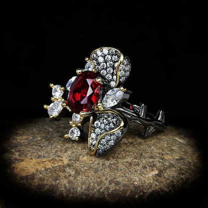 Black & Gold Style Two-Flower Ruby-Zircon Rings