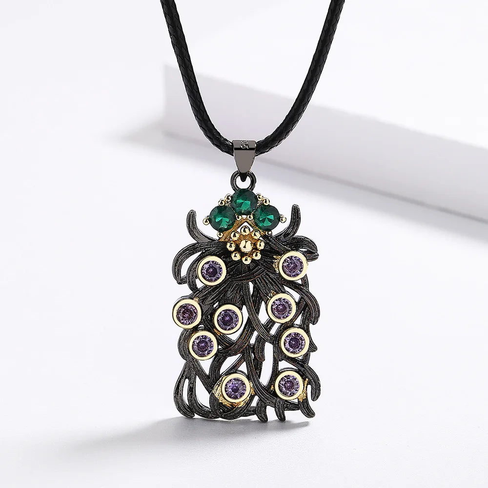 Purple Zircon Pendant Black & Gold Style Flower d Crystal Necklace