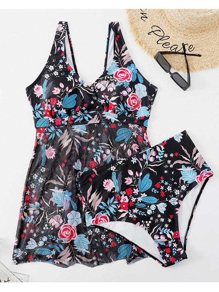 Print Strapped Plus Tankini SetHigh Waist Swimsuit Summer Beach Bathing Suit Backless Summer Bitchwear