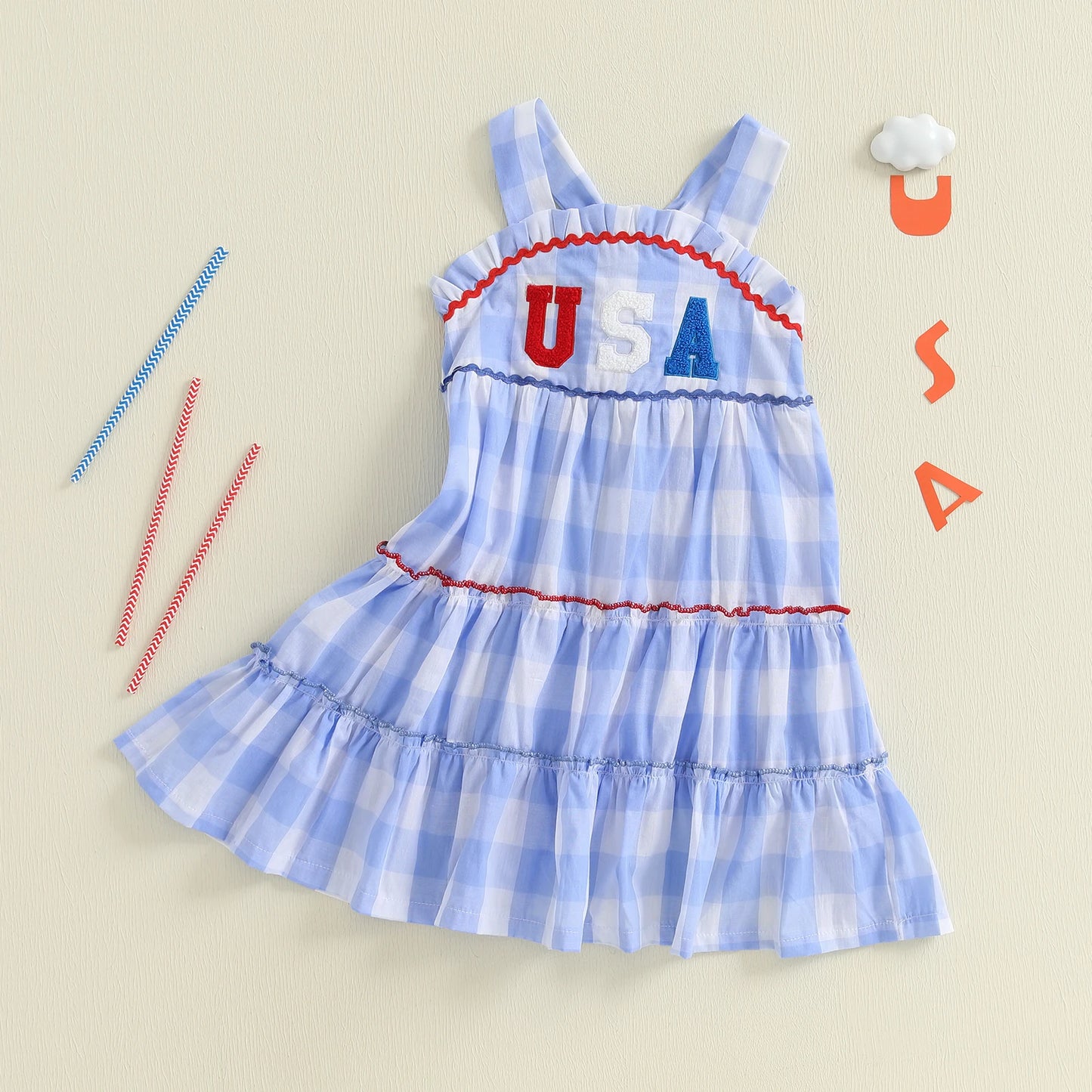 Girl's Plaid Embroidered USA 4th of July Dresses