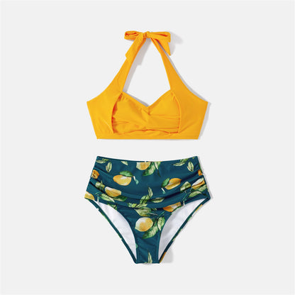 Family Matching! Lemon Halter Bikini Swimsuits & Trunks