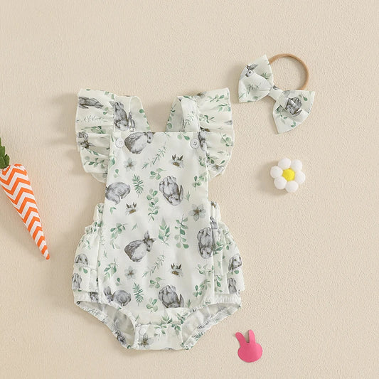 Girl's 2-Piece Ruffled Easter Bunny Romper & Bow Headband Sets