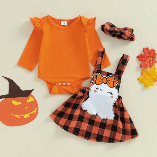 Girl's 3-Piece Halloween Ruffled Onesie, Plaid Ghost Skirts & Bow Headband Sets