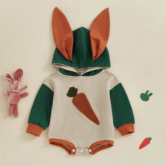 Boy's Embroidered Easter Bunny Hooded Rabbit Ears Romper