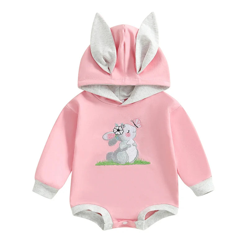 Girl’s Long Sleeve Easter Bunny Embroidered Sweatshirt Rompers