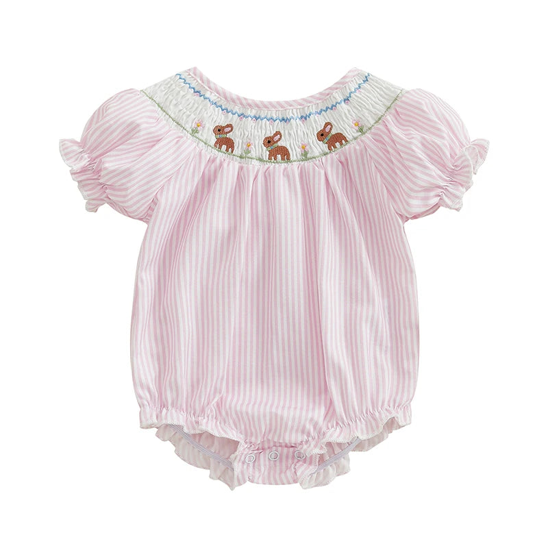 Girl's Embroidered Easter Bunny Stripe Rompers