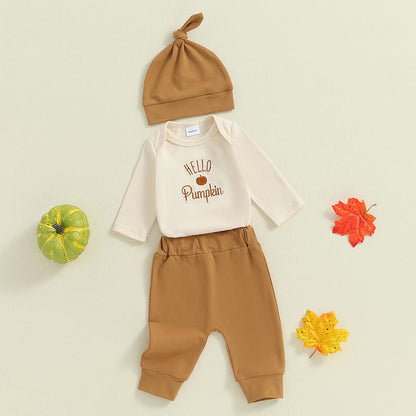 3-Piece Halloween Outfits! Boy’s Long Sleeve Embroidered Pumpkin Onesies, Pants & Hat Sets