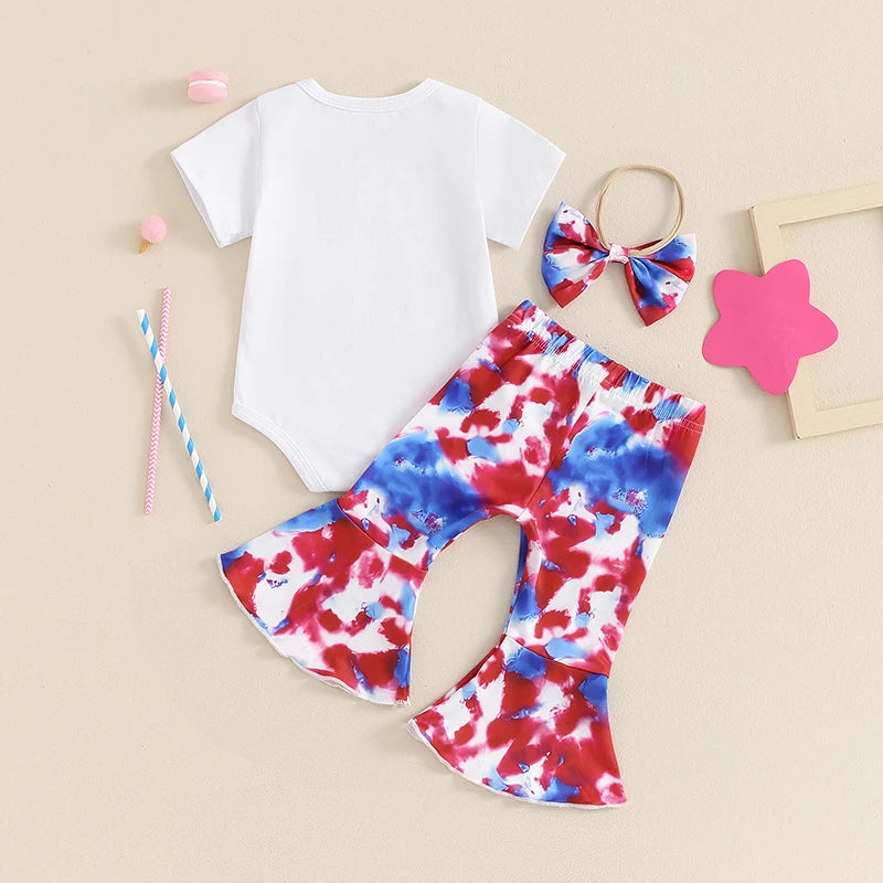 Girl's 3-Piece "Mommy & Daddy's Little Firecracker" 4th of July Onesie, Tie-Dye Pants & Bow Headband Sets