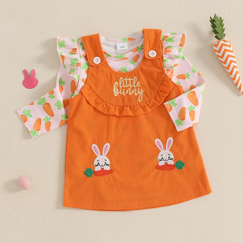 Girl's Easter Carrot Ruffle Romper Overall Dresses