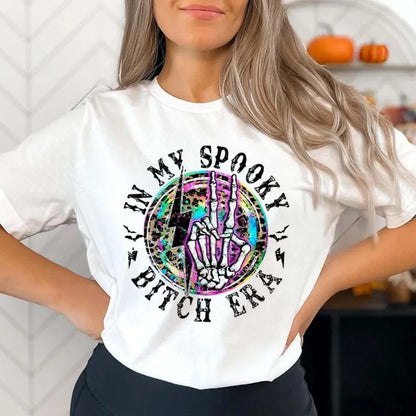 Halloween Tees! Womens Spooky B Era Graphic Print Skeleton T-Shirts