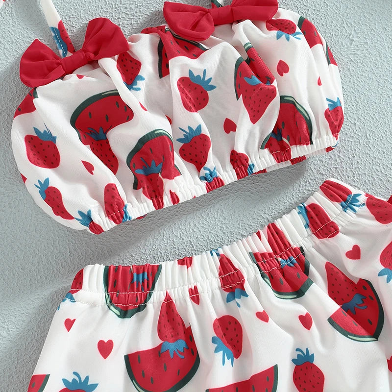 Baby Girl Swimsuits Fruit Print Bandage Halterneck Sleeveless Tops Beach Shorts & Hat Swimwear