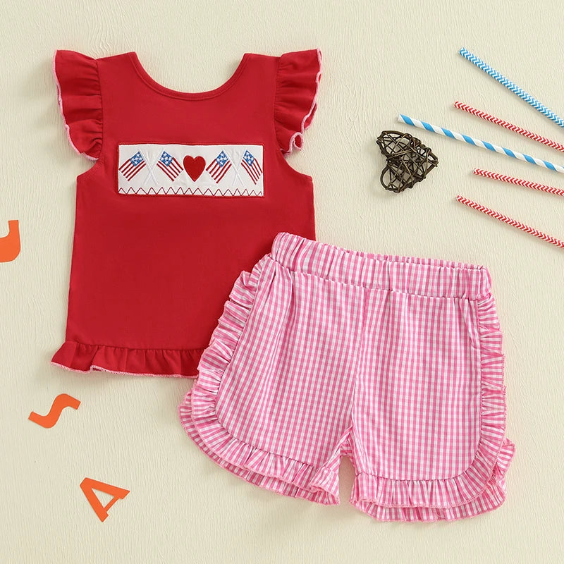 Girl's 2-Piece Embroidered 4th of July Fly Sleeve Tops & Plaid Ruffled Shorts Sets