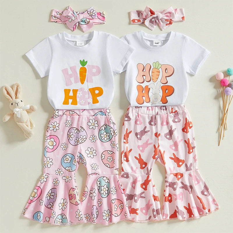 Girl's "Hip Hop" Easter T-Shirts, Flare Pants & Bow Headband Sets