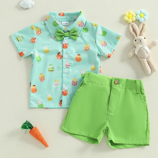 Boy's 2-Piece Easter Bunny/Egg/Carrot Bow-Tie Button Up Polos & Shorts Sets