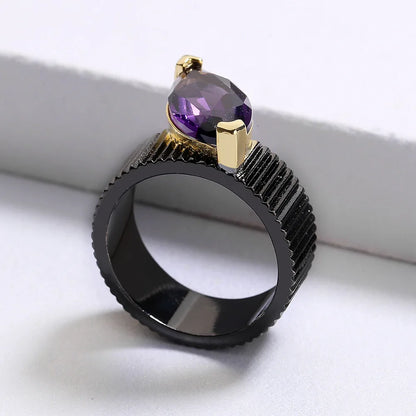 Men's Vintage Purple Zircon Geometric Black & Gold Style Rings