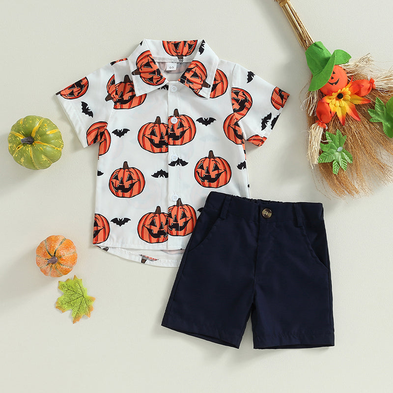 2-Piece Halloween Outfits! Boy’s Short Sleeve Pumpkin Sweatshirt & Shorts Sets