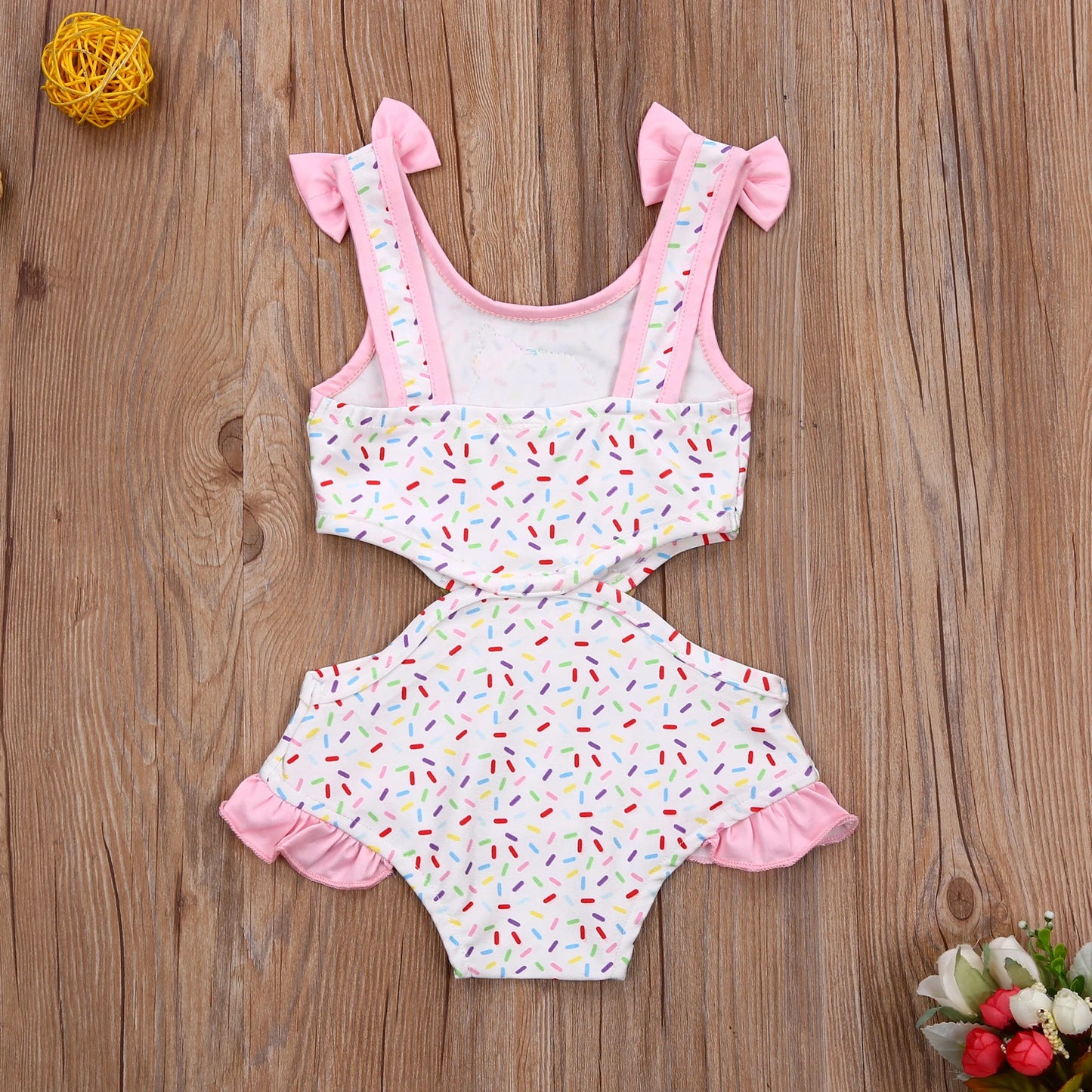 Toddler Baby Girls Sweet Ruffles Swimsuit Bow Ice Cream Print Hollow Suspender Swimsuit Bodysuit Clothes