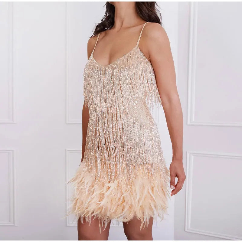 Womens Flirty Feather Mini Party Dress
