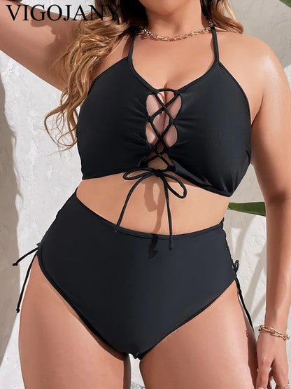 Sexy Black Strapped Plus BikiniHollow Push UP 2 Piece Swimsuit High Waist Backless Bathing Suit