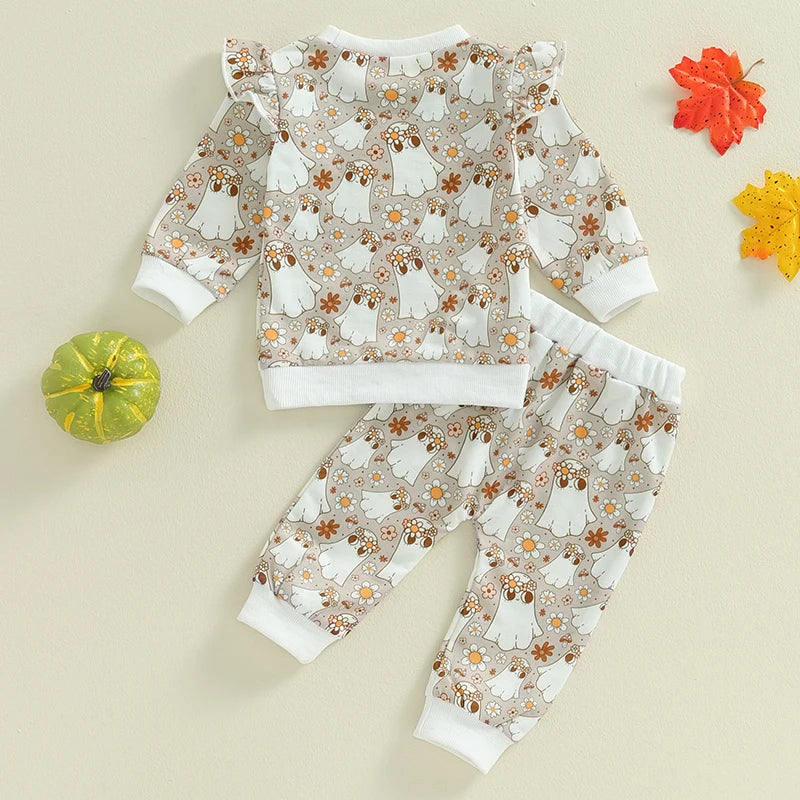 2-Piece Halloween Outfits! Girl’s Long Sleeve Ghost, Flower Sweatshirt & Pants Sets