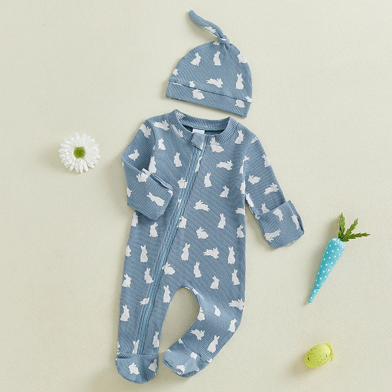 Boy's 2-Piece Long Sleeve Bunny Zip Jumpsuit & Hat Sets