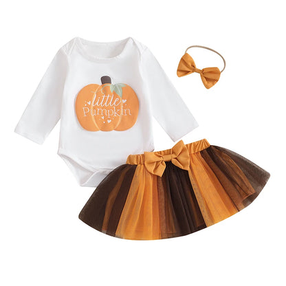 3-Piece Halloween Outfits! Girl’s Long Sleeve Pumpkin Rompers, Skirt& Bow Headband Sets