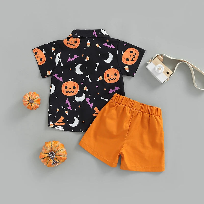 3-Piece Halloween Outfits! Boy’s Short Sleeve Ghost, Pumpkin, Onesie, Shorts & Bow-Tie Sets