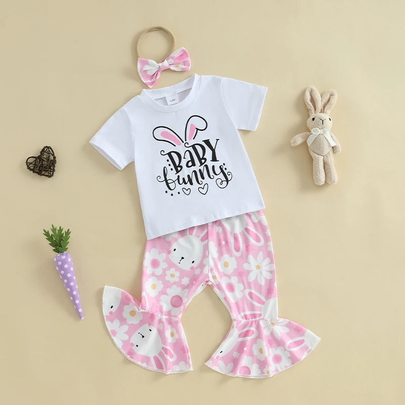 Girl's Easter Bunny T-Shirt, Flare Pants & Headband Sets