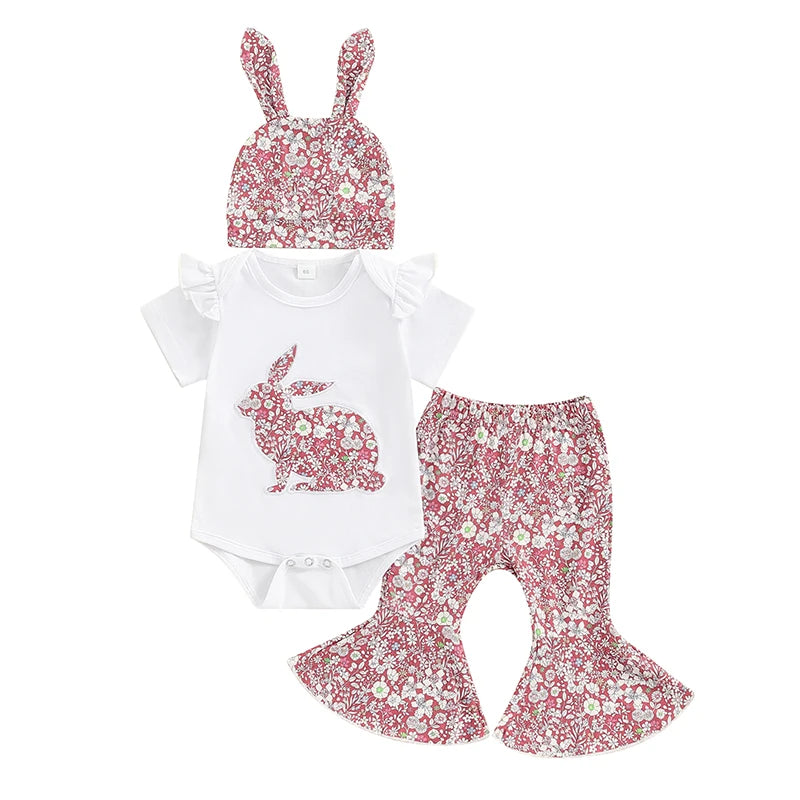 Girl's  Onesie, Bunny Ear Hats & Floral Bell Bottom Pants