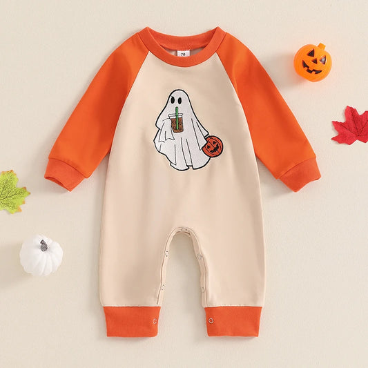 Halloween Outfits! Boy's & Girl's Embroidered Long Sleeve Ghost Pumpkin Rompers