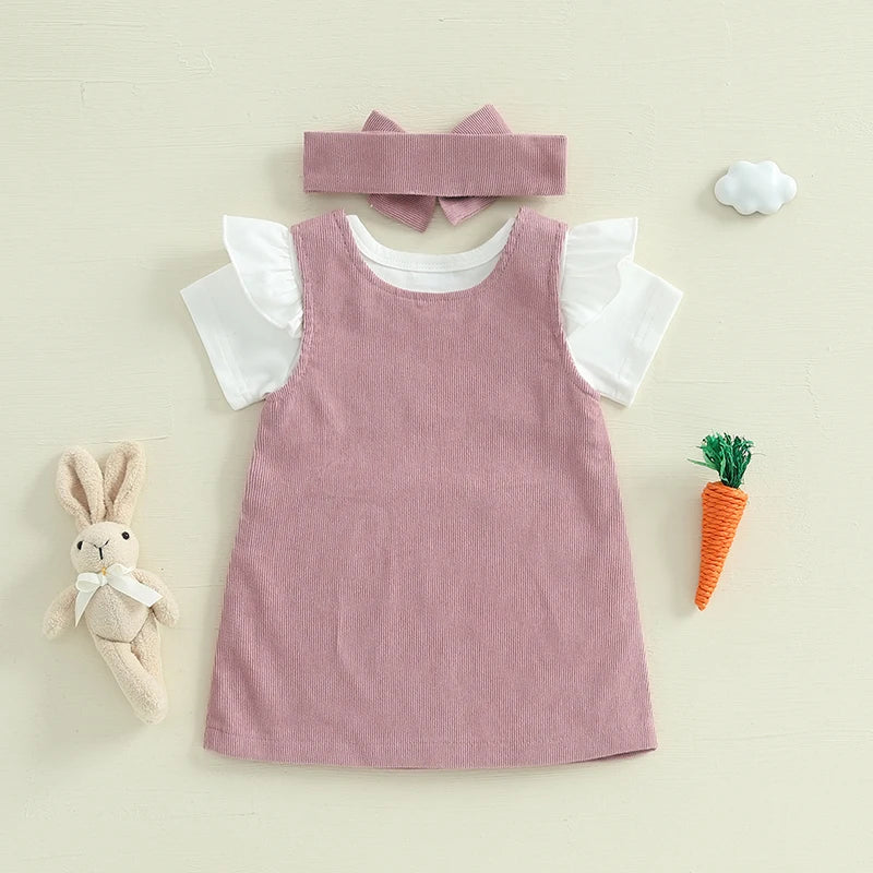 Girl's Easter Bunny Romper Overall Dress & Tie-up Headband Set