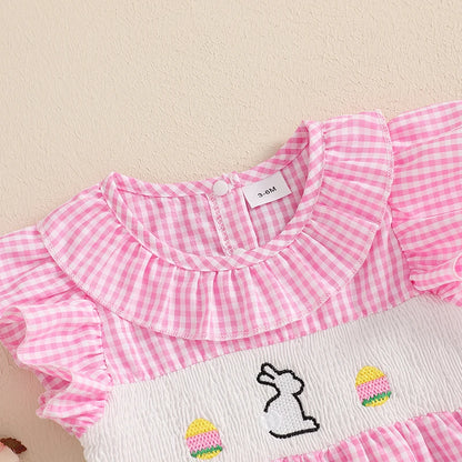 Girl's Embroidered Easter Bunny Plaid Ruffled Rompers