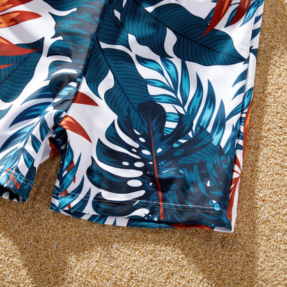 Family Matching! Swimsuits Tropical Leaf Pattern Drawstring Swim Trunks or Cross Strap Flowy Tankini