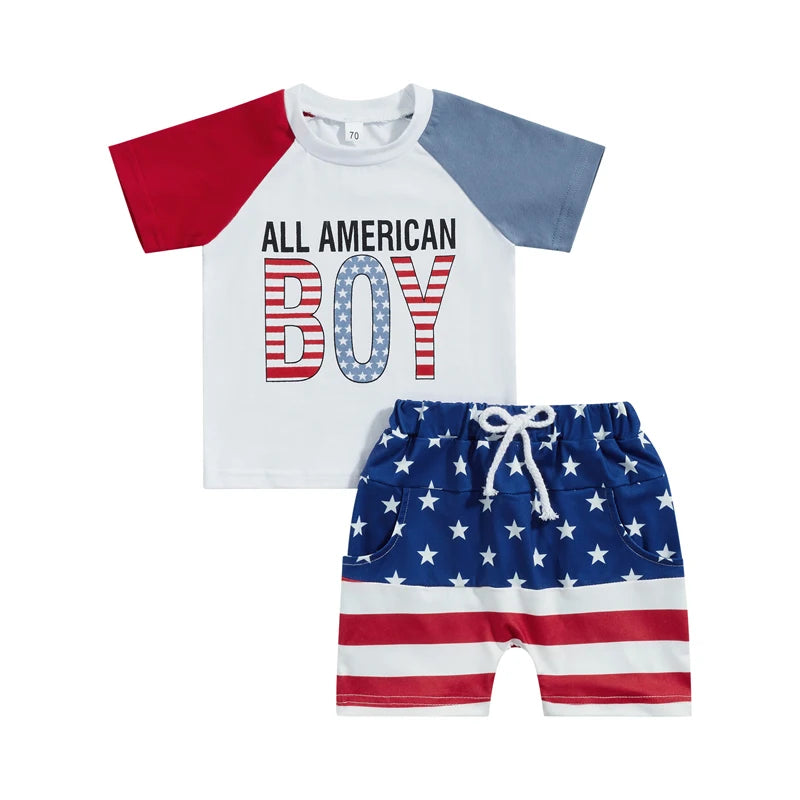 Boy's 2-Piece Independence Day "All American Boy" T-shirt with Stars & Stripes Shorts Sets