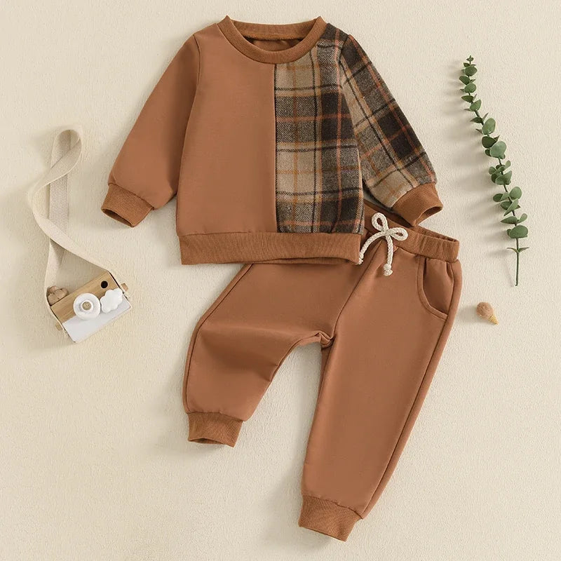 2-piece Fall Sets! Boy's Country Flannel Panel Sweatshirts & Sweatpants