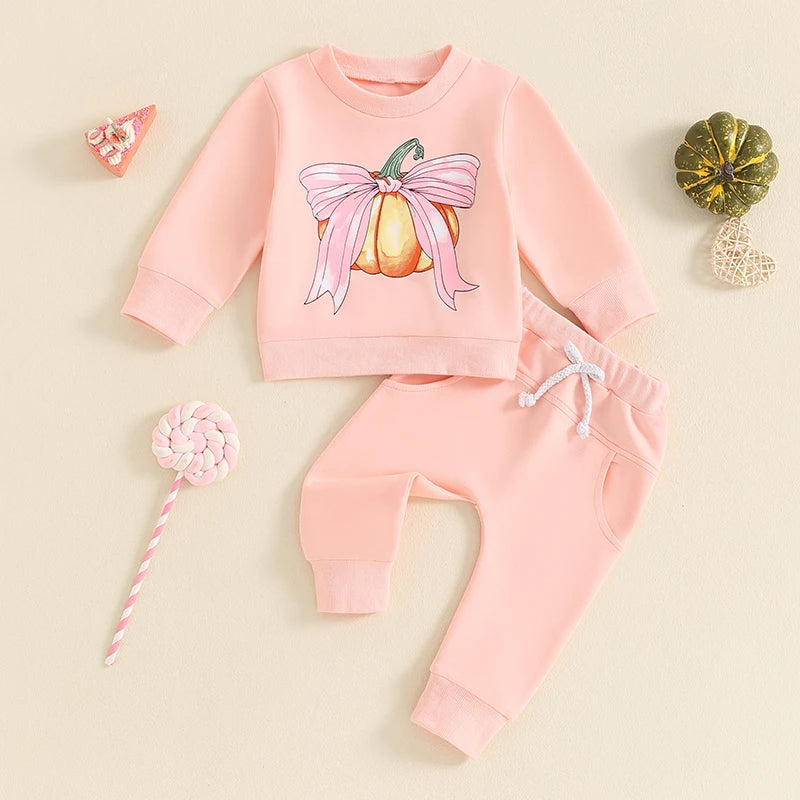 2-piece Sets! Girl's Halloween Pumpkin Bow Fall Sweatshirt & Sweatpants