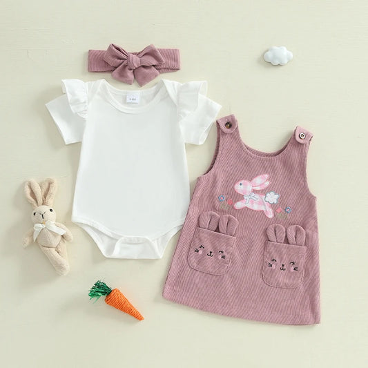 Girl's Easter Bunny Romper Overall Dress & Tie-up Headband Set