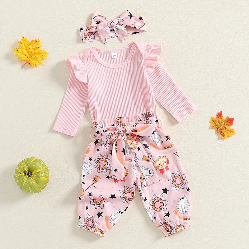 3-Piece Halloween Outfits! Girl’s Long Sleeve Ghost Flower Rompers, Pants& Bow Headband Sets