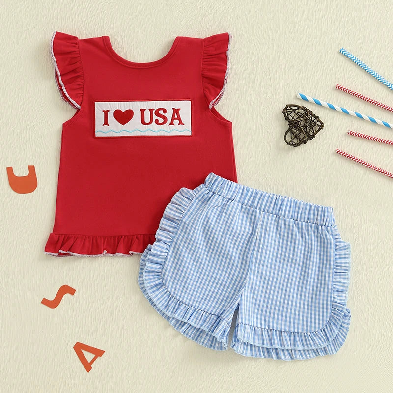 Girl's 2-Piece Embroidered 4th of July Fly Sleeve Tops & Plaid Ruffled Shorts Sets