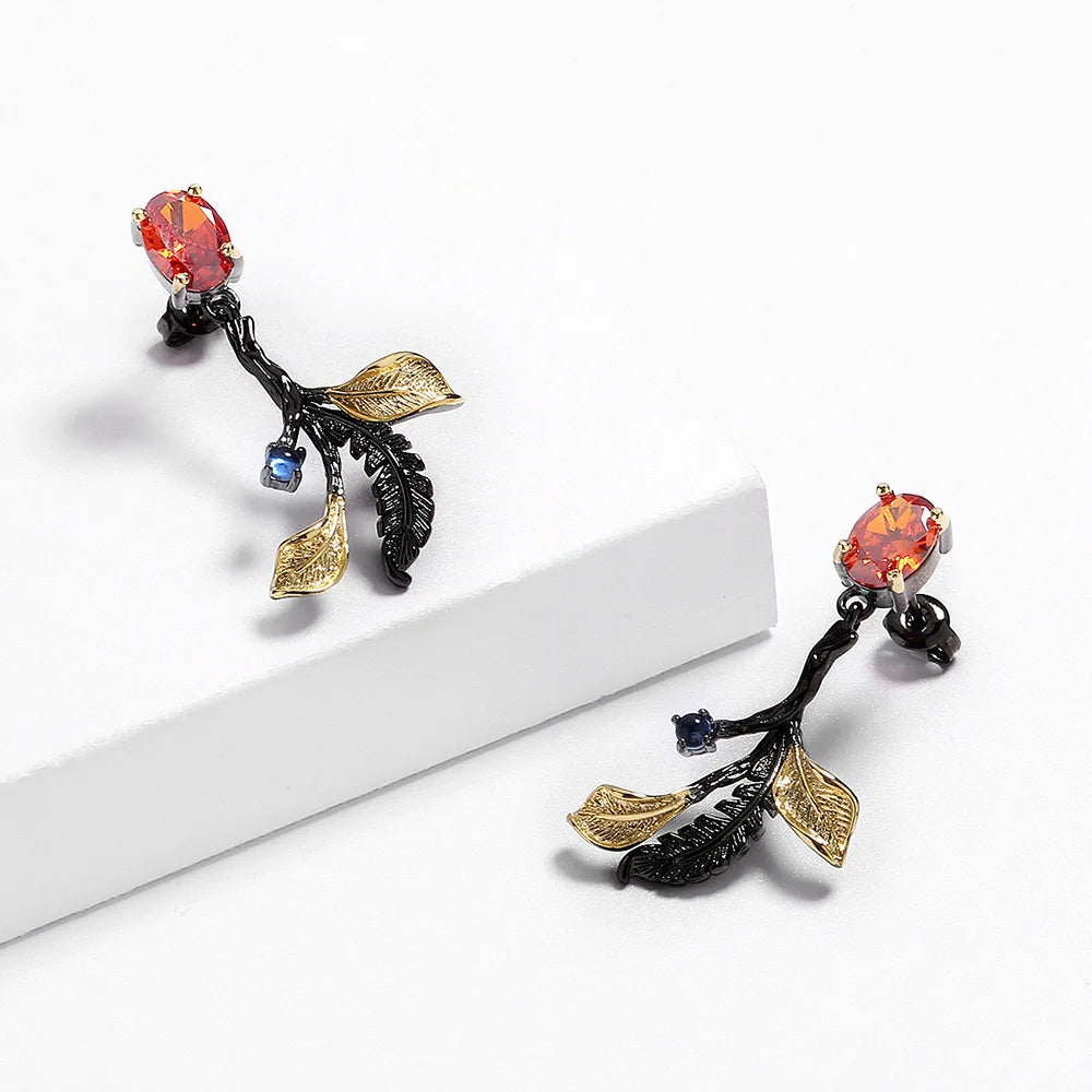 Classic Black & Gold Style Leaf Red Zircon Earrings