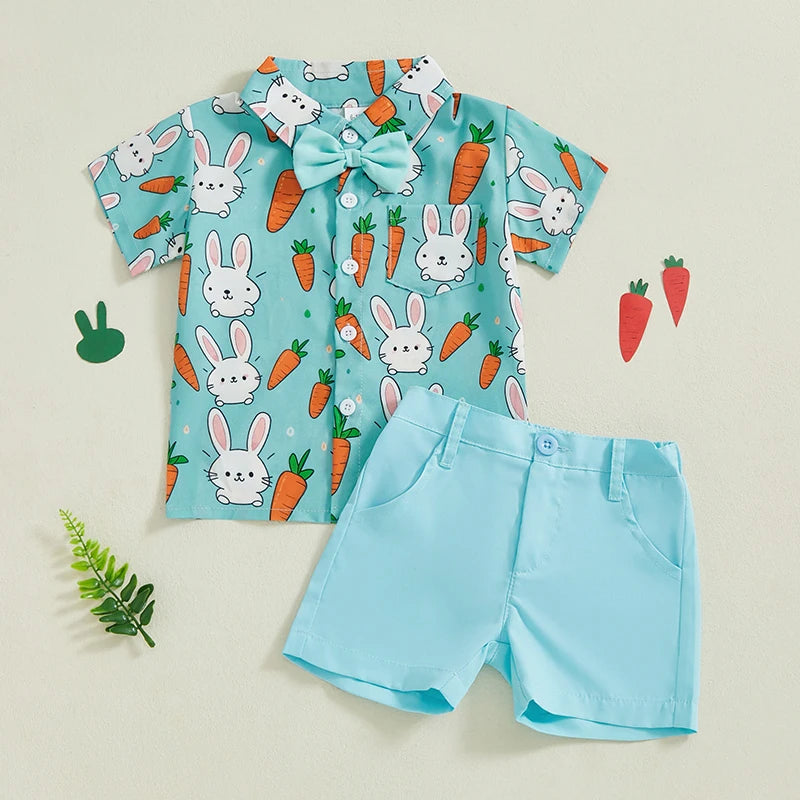 Boy's Easter Rabbit Carrot Button-up Shirts Shorts Set