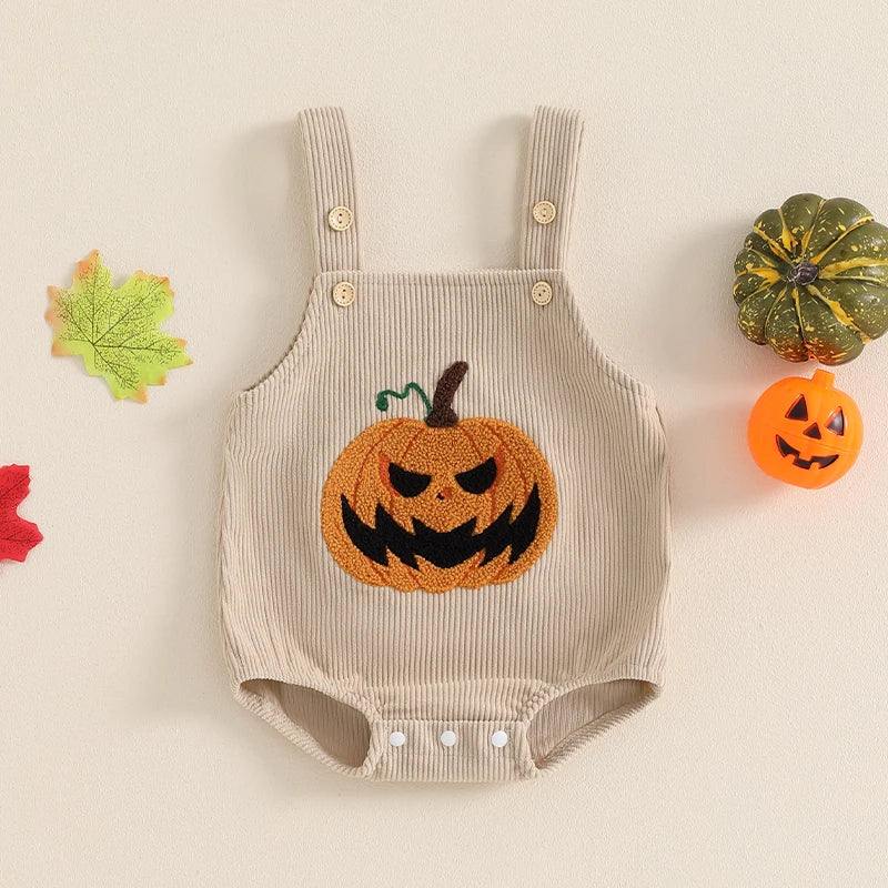 Girl's & Boy's Pumpkin Embroidered Corduroy Halloween Romper Overalls