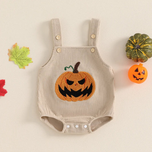 Girl's & Boy's Pumpkin Embroidered Corduroy Halloween Romper Overalls