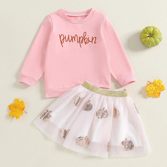 2-Piece Halloween Outfits! Girl’s Long Sleeve Embroidered Pumpkin Sweatshirts & Skirts Sets