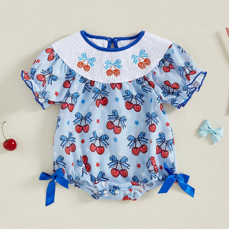 Girl's Cherry 4th of July Plaid Doll Collar Rompers