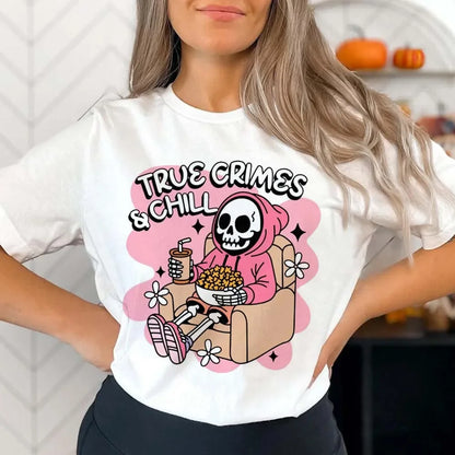 Halloween Tees! Womens True Crimes & Chill Graphic Print T-Shirts