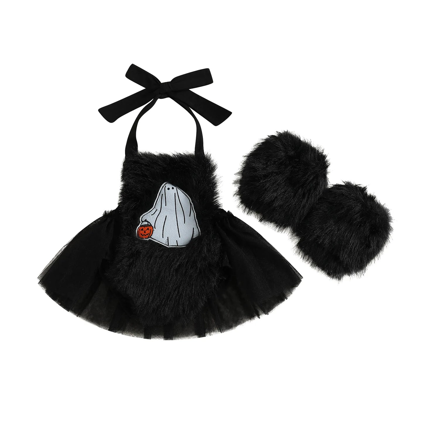 2-Piece Baby Girl's Furry Ghost Embroidered Halloween Halter Dresses with Leg Warmers