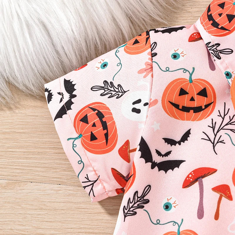 Ghost Pumpkin Halloween Onesies! Boy's Short Sleeve Button-Up with Bow-Tie Collar