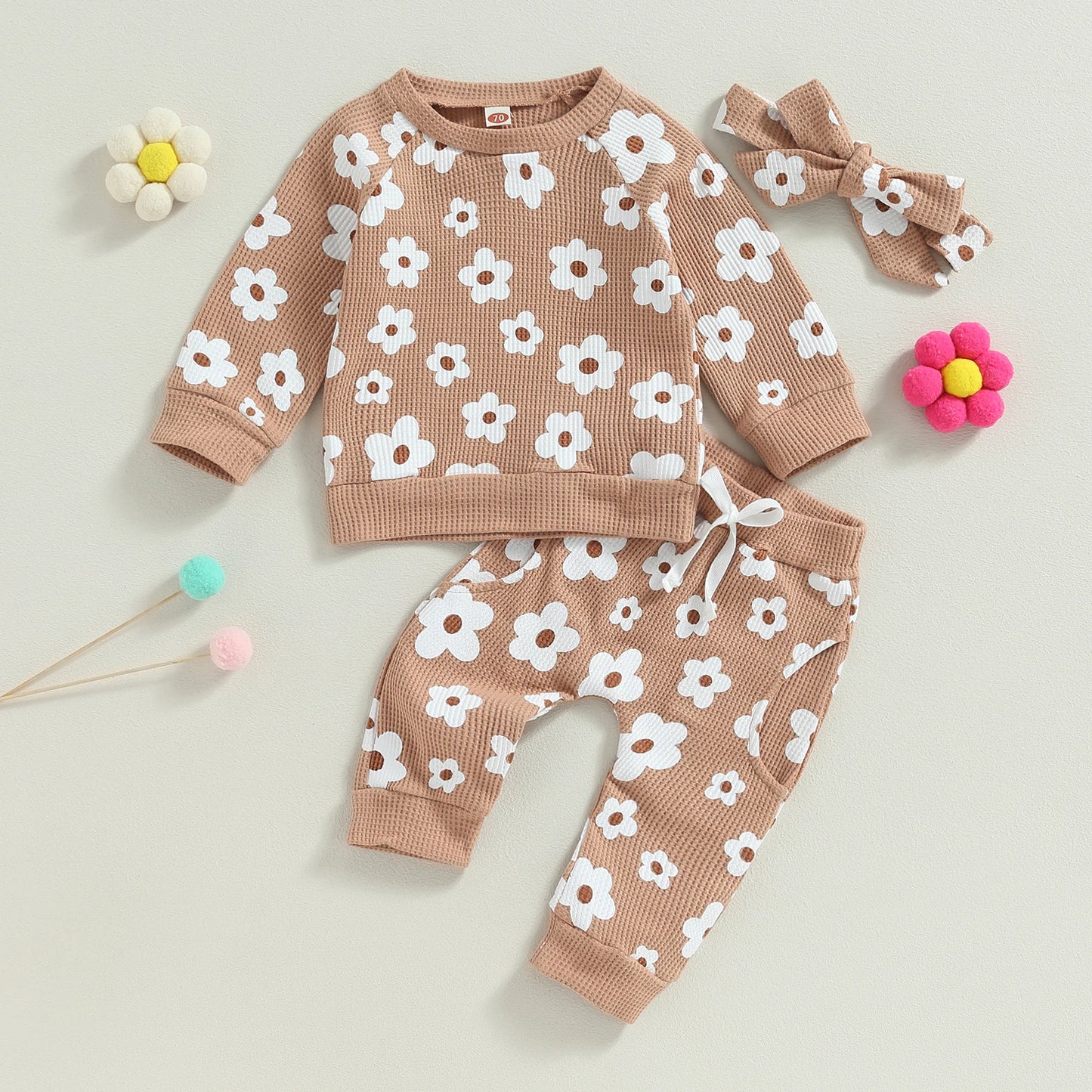 2-Piece Fall Outfits! Girl’s Long Sleeve Flower Sweatshirt, Pants& Bow Headband Sets